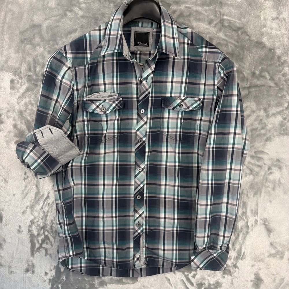 7 Diamonds Mens Blue Teal Plaid Long Sleeve Button Down Shirt Cotton‎ 100% Large